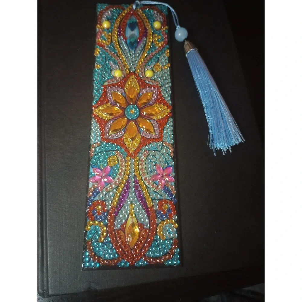 Handmade Diamond Painting Bookmark Blue Tassel Floral Mandala Rhinestone 7.75